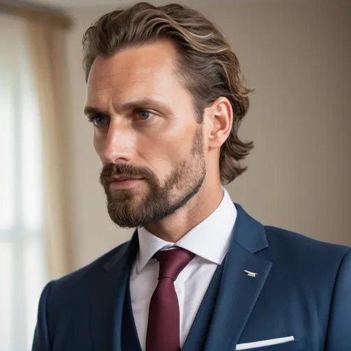 Prompt: handsome 37yo tall man, lithuanian, wearing presidential suit, tanned ski, tramline beard, wavy hair, extremely attractive, handsome, sharp jawline, full body pic