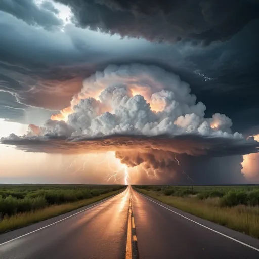 Prompt: Landscape Photograph with a wide field, empty road, and an immense cloud with flashing lightning and surrounded by brilliant light. The center of the fire looked like glowing metal, dramatic light, glowing white, top of clouds.  high resolution, intricate details, detailed vegetation, 