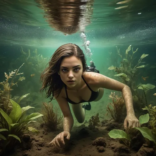 Prompt: deep below the surface, deep underwater scene, river, murky water, dirty water, green and brown hues, lots of underwater plants, young beautiful brunette woman diving deep underwater, desperate look on her face, underwater, lots of piranhas, dirt particles, at the riverbed, muddy riverbed, photorealistic, full colored photo, highly detailed, lovely details, 8k