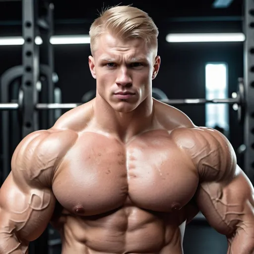 Prompt: extremely buff finnish guy, flexing, on steroids, very very very big muscles, very pale complexion, has acne all over his face. Photorealistic. Full-colored photo. Professional photo. Highly detailed 8K.