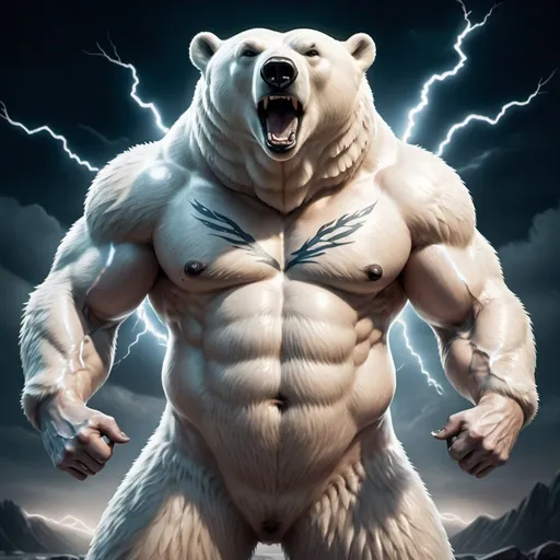 Prompt: An anthropomorphic polar bear with a muscular  body, tattooed, full-body depiction, standing pose, flexing muscles, lightning in the background