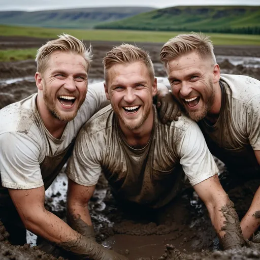 Prompt: 4 icelandic men with maniacal glint on their eyes, laughing uncontrollably, rolling around in mud, muddy clothes, white t-shirt, Lovely details. Photorealistic. Full-colored photo. Professional photo. Highly detailed 8K.