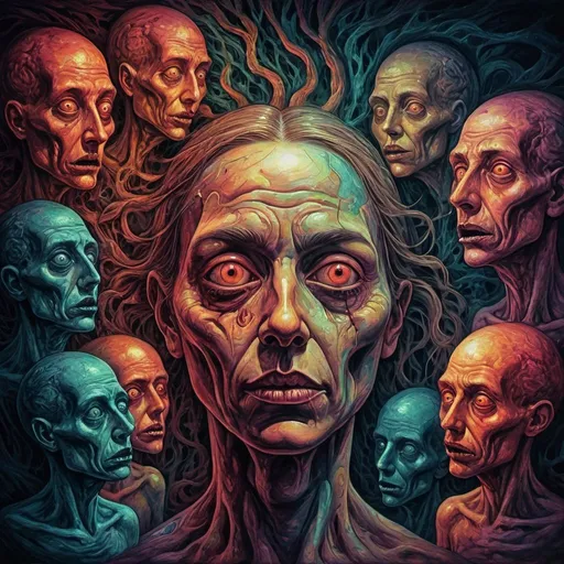 Prompt: Unsettling, haunting imagery, psychedelic art, surreal, horror, twisted faces, eerie atmosphere, vivid and contrasting colors, high quality, detailed, abstract, nightmarish, mind-bending, grotesque, disturbing, professional, intense lighting, otherworldly, psychedelic style, surrealistic, nightmarish tones, detailed textures, surrealistic faces, bizarre, vibrant hues