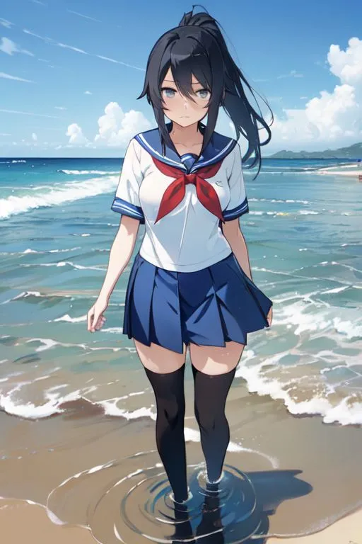 Prompt: ayano aishi, black hair, grey eyes, ponytail, school uniform, uniform thighhigh, black shoes, beach setting , standing on ankle deep water, looking at viewer, heartbroken expression on her face