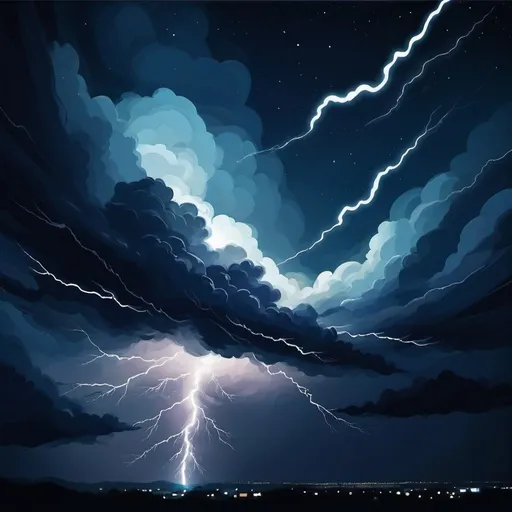 Prompt: Storm flying high in the night sky, in modern art style, background night