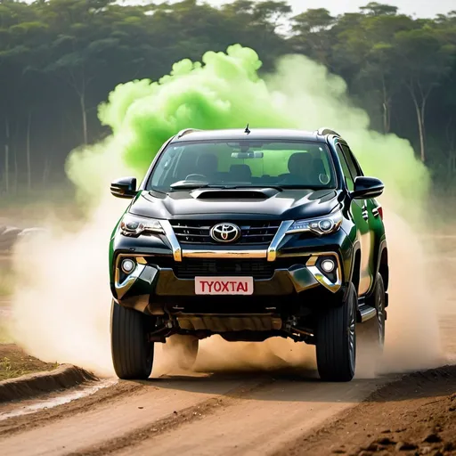 Prompt: black toyota fortuner spewing green toxic fumes out of the exhaust pipe