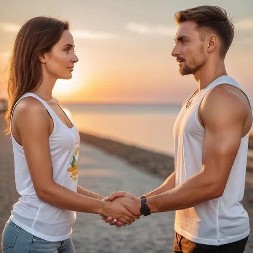 Prompt: brunette Lithuanian male wearing t-shirt says sorry to brunette hungarian female wearing white tank top. seaside, sunset, handshake. Symmetrical eyes. Symmetrical faces. Lovely details. Photorealistic. Full-colored photo. Professional photo. Highly detailed 8K.