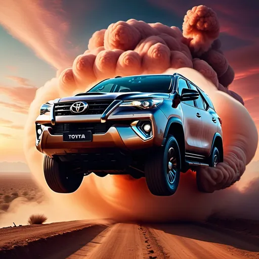 Prompt: surreal art, toyota fortuner floating in mesosphere, skies, leaving a trail of fart gas, sunset, 4k, open skies