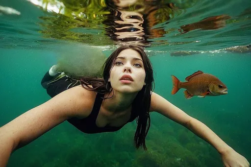 Prompt: deep below the surface, deep underwater scene, river, murky water, dirty water, green and brown hues, lots of underwater plants, beautiful brunette 18yo woman diving deep underwater, holding breath, calm expression on her face, underwater, lots of piranhas, dirt particles, at the riverbed, muddy riverbed, photorealistic, full colored photo, highly detailed, lovely details, 8k