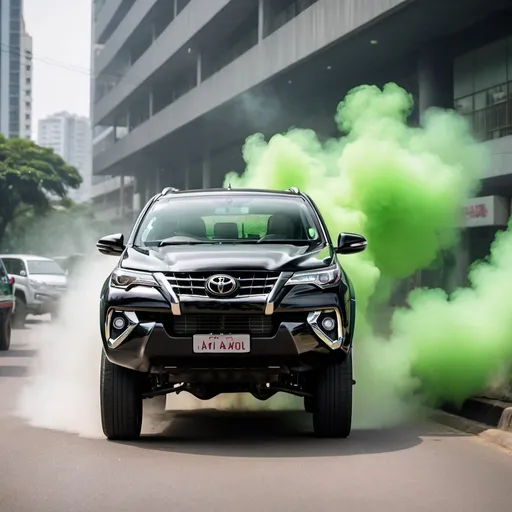Prompt: black toyota fortuner spewing green toxic fumes out of the exhaust pipe, city setting