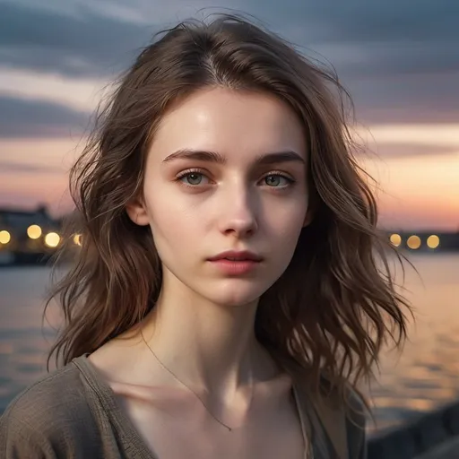 Prompt: image of a 26yo polish girl,  calm expression on her face, thin, underweight, extremely skinny, emaciated, pale, pallid, wavy hair, dark hair, at waterfront, dusk, Photorealistic. Full-colored photo. Professional photo. Highly detailed 8K.