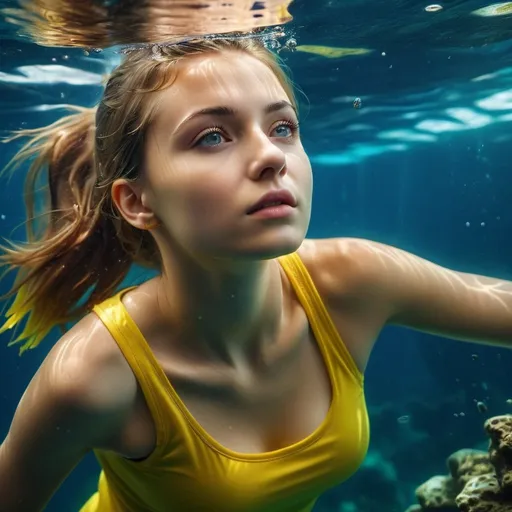 Prompt: 18yo ukrainian woman, underwater, trying to come up for air, yellow tank top. Photorealistic. Full-colored photo. Professional photo. Highly detailed 8K.