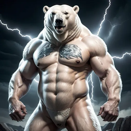 Prompt: An anthropomorphic polar bear with a muscular  body, tattooed, full-body depiction, standing pose, flexing muscles, lightning in the background