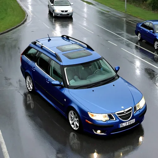 Prompt: 2007 saab 9-5 wagon, blue, executing  a u-turn in the rain, art, 4k,  very detailed, birds eye view,