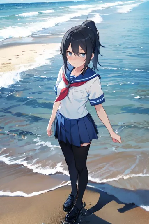 Prompt: ayano aishi, black hair,   grey eyes,   ponytail,  school uniform, uniform thighhigh, black shoes,  beach setting , standing on ankle deep water, looking at viewer, heartbroken expression on her face
