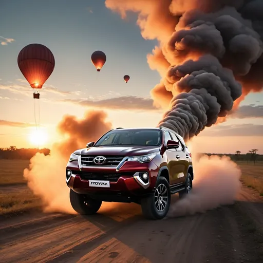 Prompt: surreal art, toyota fortuner, floating in skies, leaving a trail of fart gas, sunset, 4k, 