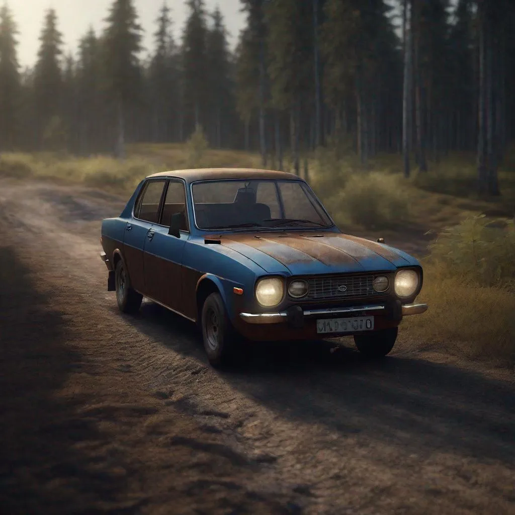 Prompt: 1973 Datsun 100, afternoon, finland, dirt road,  dark, 4k, photorealistic, cinematic shot, atmospheric