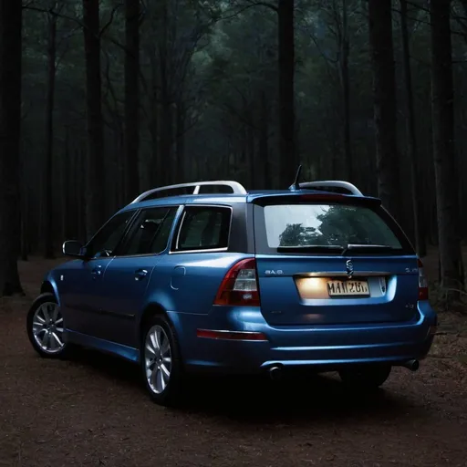 Prompt: blue 2007 saab 9-5 wagon, parked in a wooded area, dark forest, night, headlights on, camera angle from the back of the car
