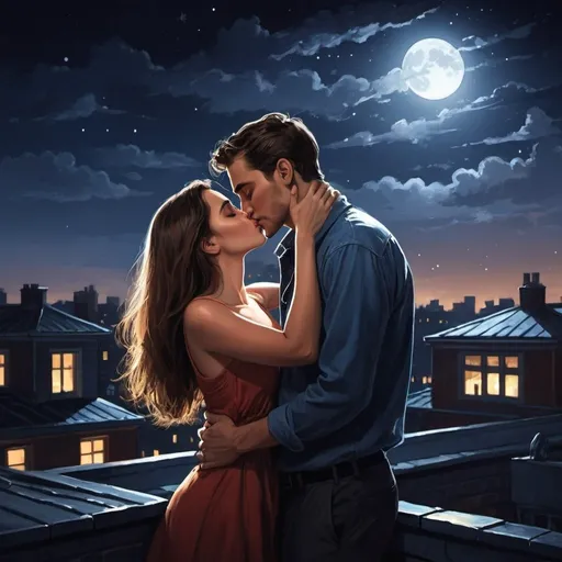 Prompt: illustration, rooftop, young woman, kissing a man at night, kissing, at night, dramatic lighting