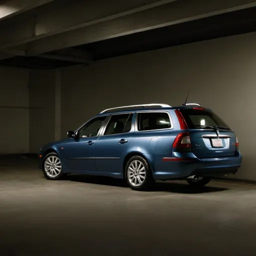 Prompt: blue 2007 saab 9-5 wagon, parked in a parking garage, dimly lit