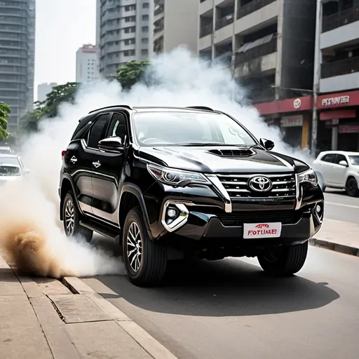 Prompt: black toyota fortuner spewing fart fumes out of the exhaust pipe, city setting