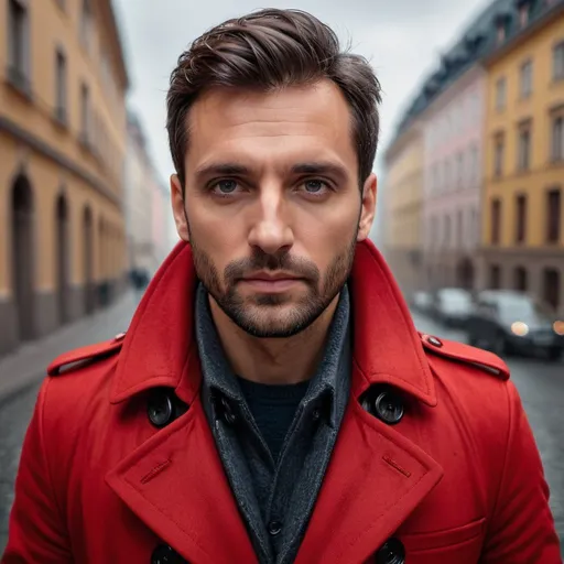 Prompt: 30yo hungarian man wearing red trench coat staring at you. Lovely details. Photorealistic. Full-colored photo. Professional photo. Highly detailed 8K.