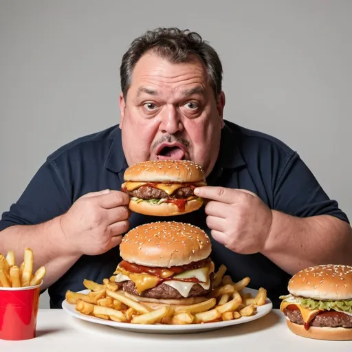 Prompt: 50yo fat man, gluttonous expression on his face, eating stacks and stacks of burger, french fries, junk food, pizzas