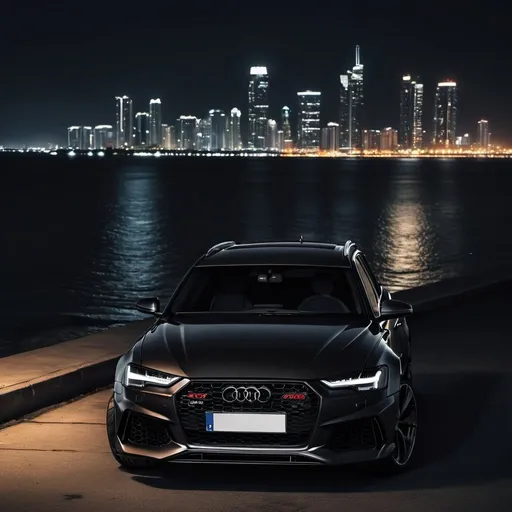 Prompt: black audi rs6 parked on a dimly lit area next to the ocean it with a city skyline in the background, dark, night , Dahlov Ipcar, photorealism