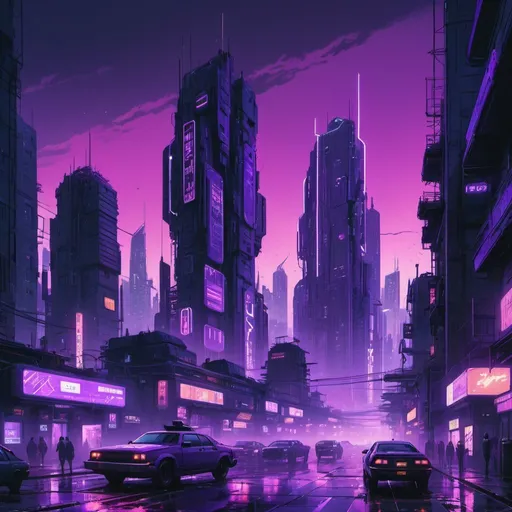 Prompt: a city with tall buildings and neon lights at night time, with a purple sky and purple hues, Anton Fadeev, retrofuturism, cyberpunk city, cyberpunk art