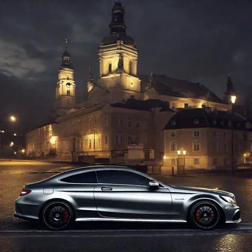 Prompt: Sleek 2012 Mercedes C63 AMG Coupe, 4k, photorealistic, cinematic shot, atmospheric, night, city, Poland
