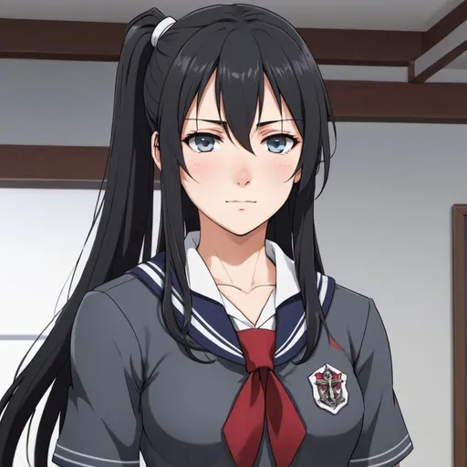 Prompt: Ayano Aishi from Yandere Simulator, pale skin, dark grey eyes, and straight, long black hair that is tied in a high ponytail, two long sideburns in the front that go past her shoulders, small tufts on both sides of her hair, 165 cm in height, 43 kg in weight, white seifuku sailor uniform, very detailed, fullbody anime screencap, cartoon, 2d art, romance novel cover, anime art style, castlevania anime, beserk anime