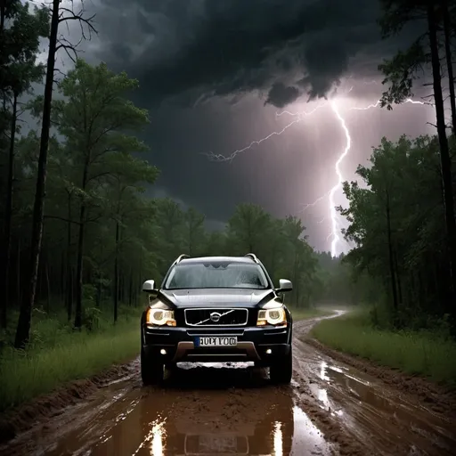 Prompt: Thundering storm in a dense forest, 2005 Volvo XC90, ominous sky, heavy rain, lightning flashes, muddy ground, high quality, realistic, dark and moody, atmospheric lighting, stormy weather, dense forest, ominous atmosphere, heavy rain, lightning flashes, muddy ground, , storm, intense, dramatic, dark tones