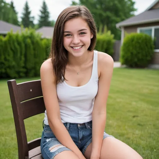 Prompt: 18yo canadian girl, beautiful, sitting on a chair outdoors, white tank top, jeans shorts, brunette hair, maniacal grin, 163 cm, 55 kg, maniacal grin on her face