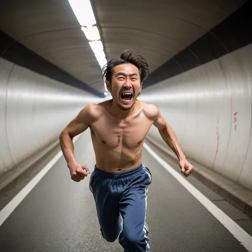 Prompt: japanese man, running in a highway tunnel, screaming, not wearing a shirt, sweatpants, maniacal laughter, maniacal grin, screaming