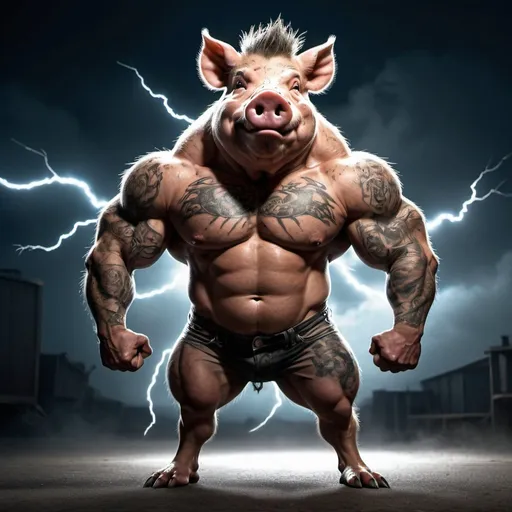 Prompt: An anthropomorphic wild pig with a muscular  body, tattooed, full-body depiction, standing pose, flexing muscles, lightning in the background
