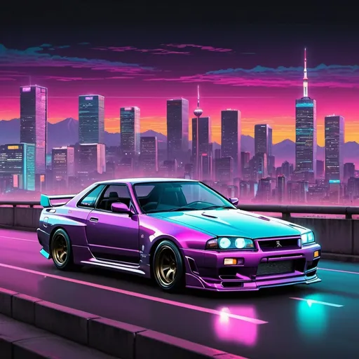 Prompt: retro 80s art, Nissan Skyline GTR, retro art, synthwave, city view in the background, Extremely detailed