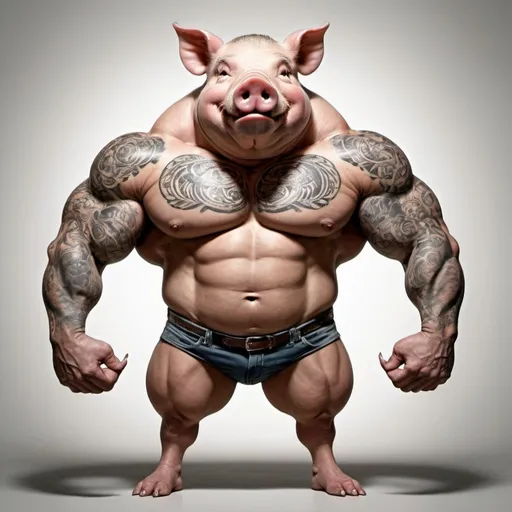 Prompt: An anthropomorphic wld pig with tusks with a muscular man body, tattooed, full-body depiction, standing pose, flexing muscles 