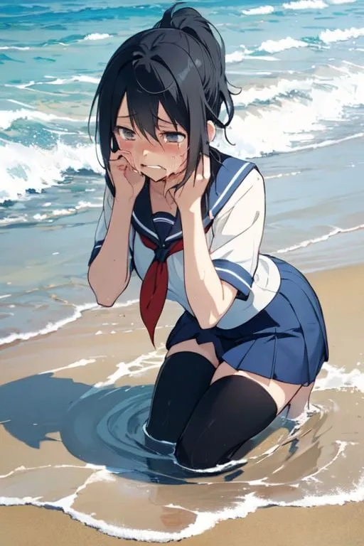 Prompt: ayano aishi, black hair, grey eyes, ponytail, school uniform, uniform thighhigh, crying, hands on own face, kneeling on floor, beach setting, ankle deep water 