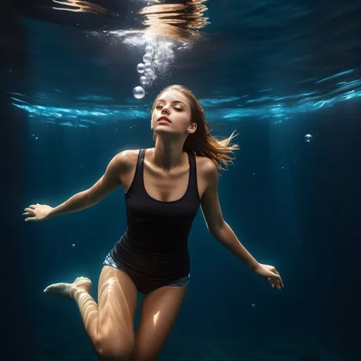 Prompt: full body image of a 20yo slovak woman, floating very deep underwater, abyss, deep ocean, full body pic, floating underwater, straight body, air bubbles, shes far underneath the surface, black tank top, she is looking up, dark photo. Photorealistic. Full-colored photo. Professional photo. Highly detailed 8K.