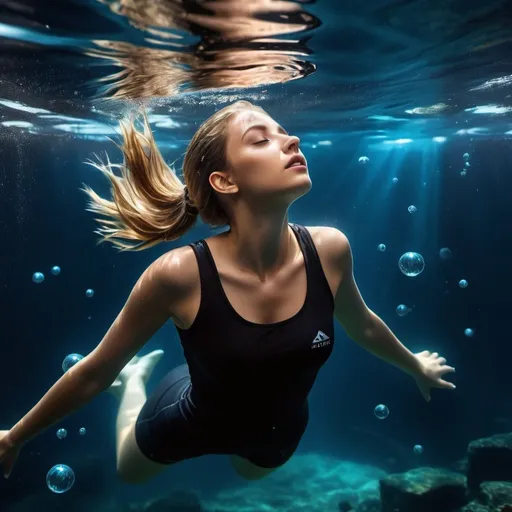 Prompt: full body image of a 20yo slovak woman, floating underwater, abyss,deep ocean, full body pic, floating underwater, air bubbles, far underneath the surface, black tank top, she is looking up, dark photo. Photorealistic. Full-colored photo. Professional photo. Highly detailed 8K.