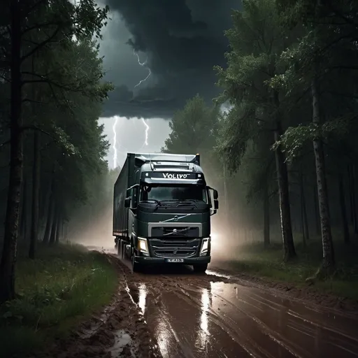 Prompt: Thundering storm in a dense forest, volvo fh16, ominous sky, heavy rain, lightning flashes, muddy ground, high quality, realistic, dark and moody, atmospheric lighting, stormy weather, dense forest, ominous atmosphere, heavy rain, lightning flashes, muddy ground, , storm, intense, dramatic, dark tones