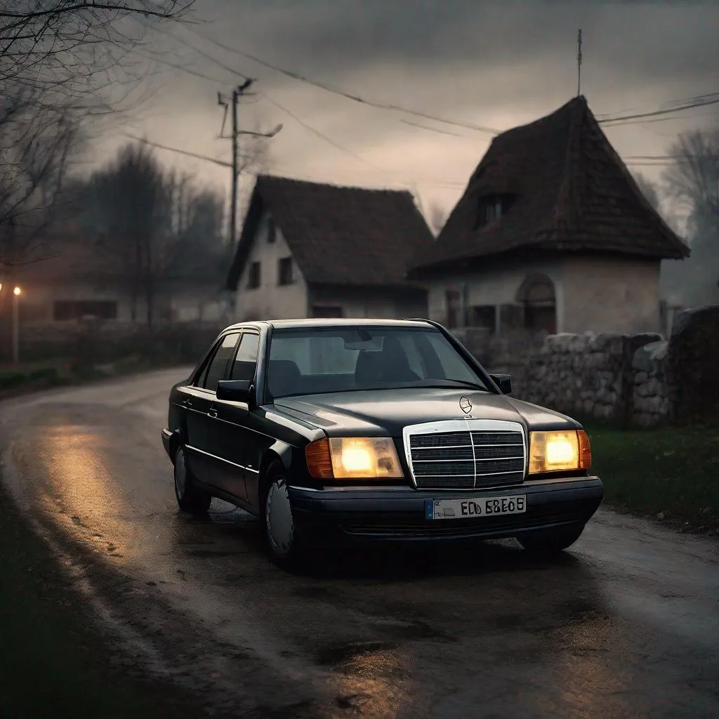 Prompt: Mercedes W124 E500, afternoon, Romania, village,  dark, 4k, photorealistic, cinematic shot, atmospheric