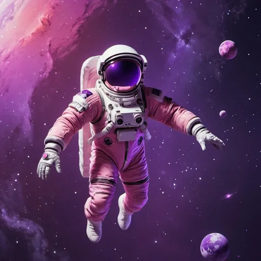 Prompt: a man in a space suit floating in the air with a purple and pink background and stars in the sky,  space art, redshift, concept art