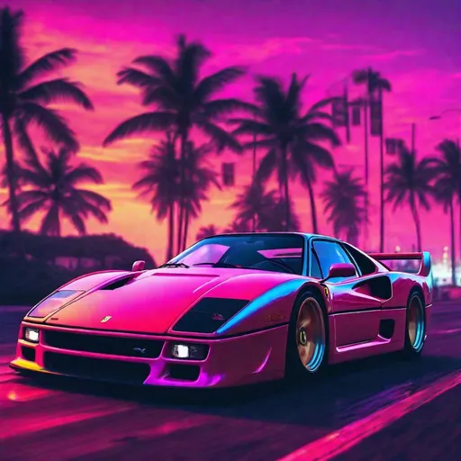 Prompt: Ferrari F40, synthwave, aesthetic cyberpunk, miami, dusk, neon lights, coastal highway, sunset, drift, very detailed