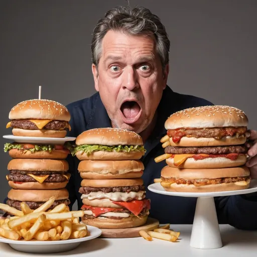 Prompt: 50yo american man, gluttonous expression on his face, eating stacks and stacks of burger, french fries, junk food, pizzas