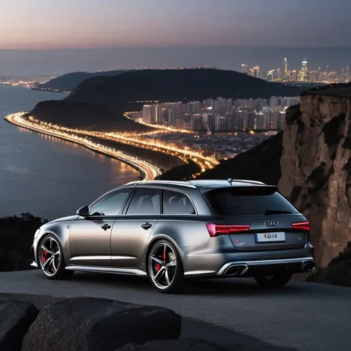 Prompt: A steel grey Audi RS6 sitting on the side of a cliff, overlooking a city skyline at dusk