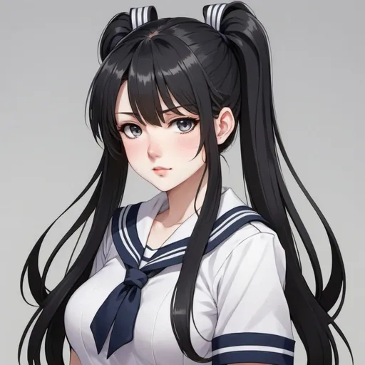 Prompt: anime, japanese highschool girl, pale skin, dark grey eyes, and straight, long black hair that is tied in a high ponytail, two long sideburns in the front that go past her shoulders, small tufts on both sides of her hair, 165 cm in height, 43 kg in weight, sailor uniform, very detailed, fullbody
