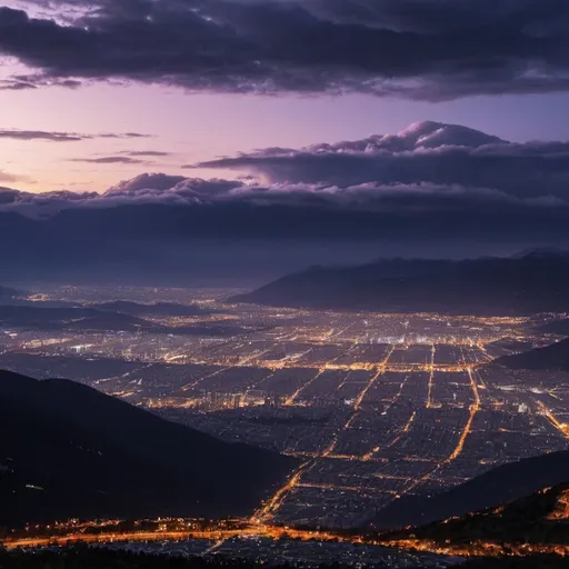 Prompt: dusk, clouds in the background, city lights, 4k, mountain view