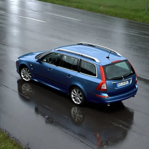 Prompt: 2007 saab 9-5 wagon, blue, process of doing a u-turn in the rain, swedish roads, art, 4k,  very detailed, birds eye view,