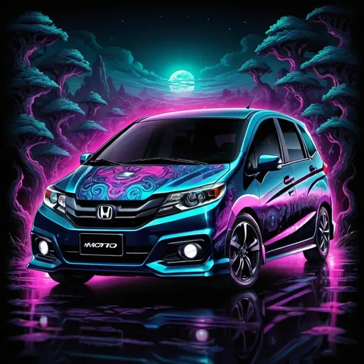 Prompt: Hypnotic illustration of a 2016 Honda Mobilio RS, hypnotic psychedelic art by Dan Mumford, pop surrealism, dark glow neon paint, mystical, Behance